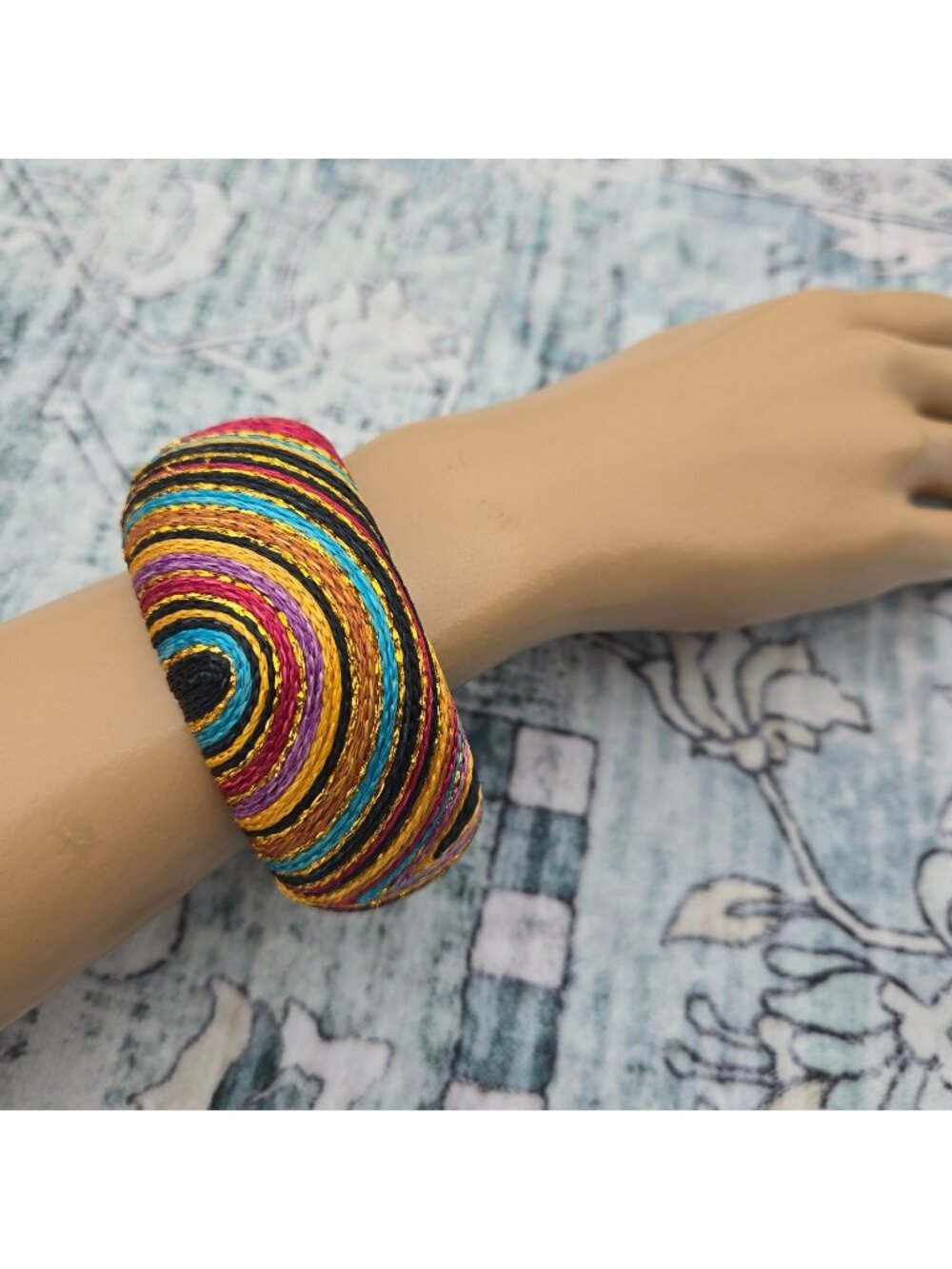 Vintage 80s 90s Colorful Wide Chunky Woven Thread Bangle Boho Swirl Bracelet